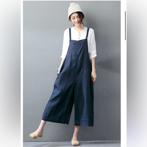 Fantasylinen Navy Linen Casual Loose Overalls Trousers Fashion Jumpsuit - Picture 3 of 5